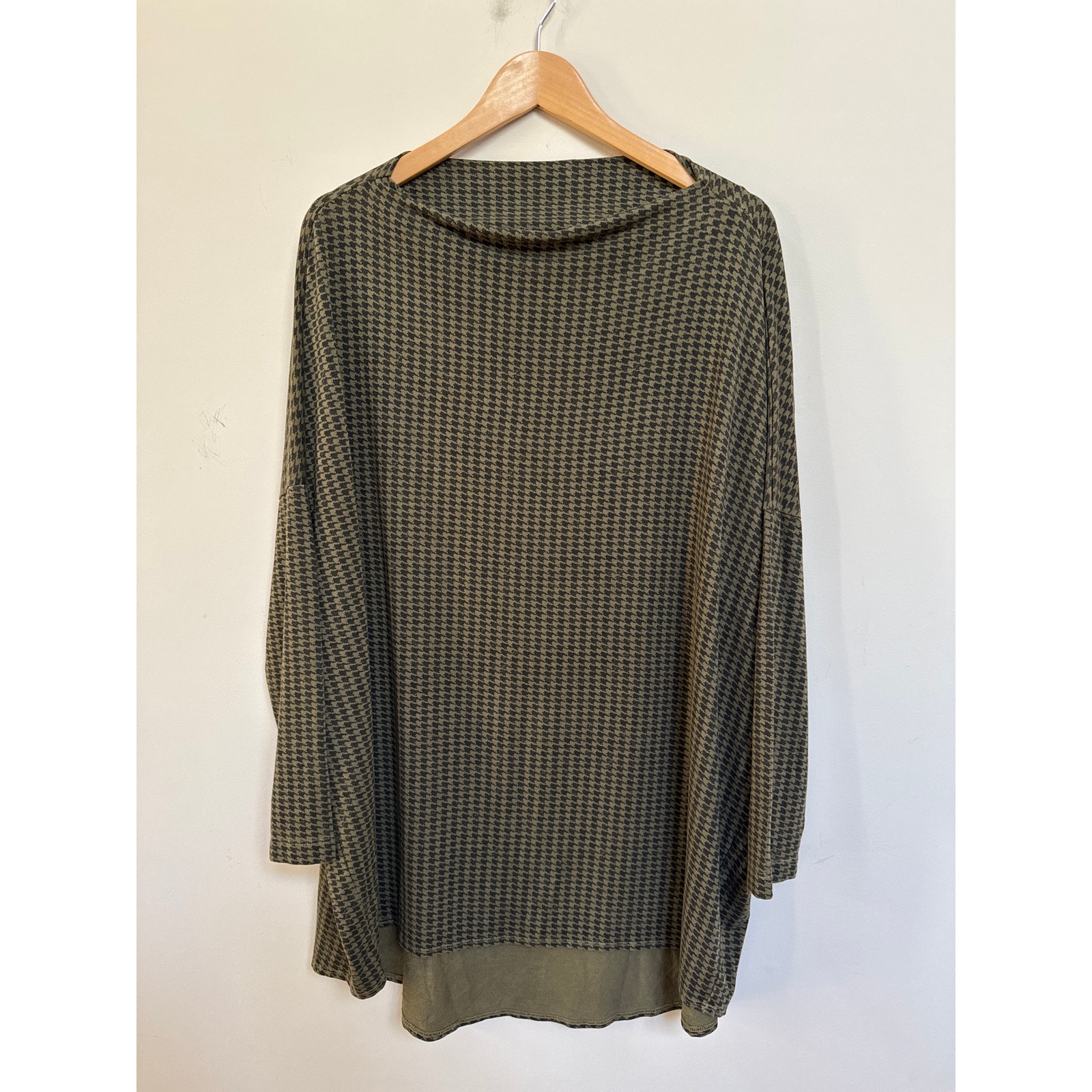 Bryn Walker Dimitri Nocola Houndstooth Tunic Top Olive Green Black Large